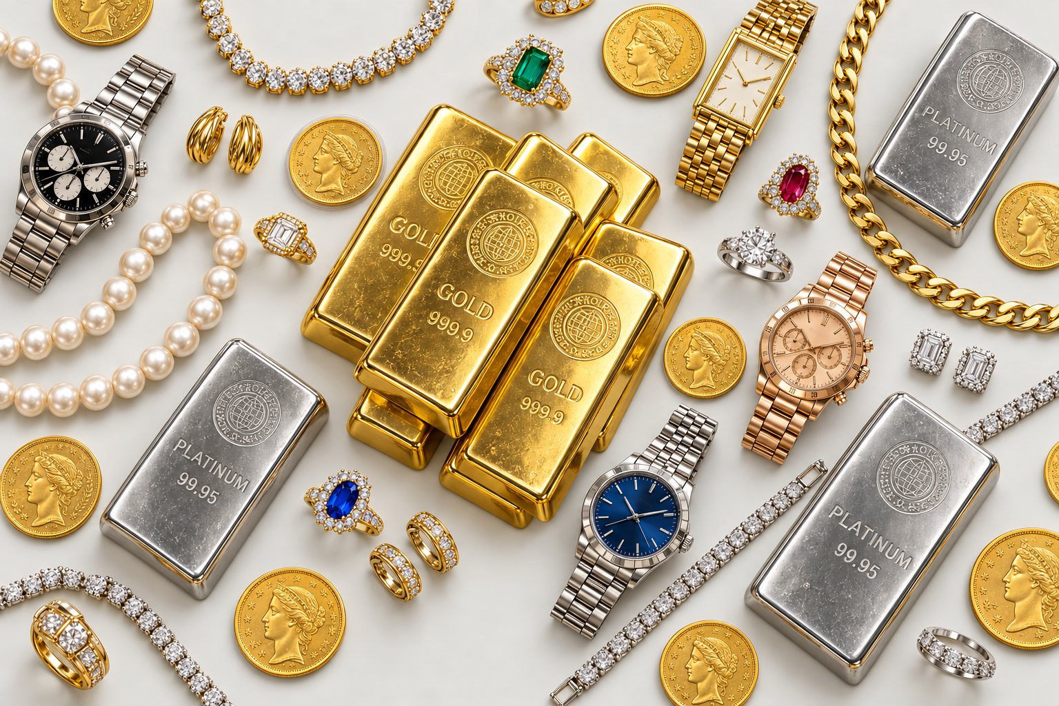金・プラチナのインゴット、金貨、腕時計、ネックレス、パール、指輪、ピアスのイメージ